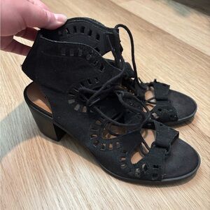 Women's Black Suede Lace-Up Block Heel Sandals
